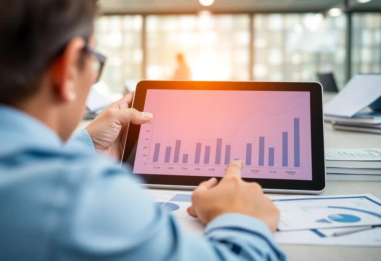 Finansal grafiklerin ve tabloların bulunduğu bir tablet ekranı